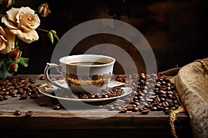 coffee cup with coffee beans on dark table