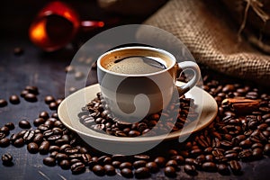 coffee cup with coffee beans on dark table