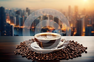 coffee cup with coffee beans on dark table city buildings background