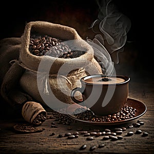 Coffee cup and coffee beans on old wooden table. Vintage style.