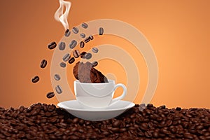 coffee cup with coffee beans on orange background ai generated