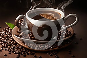 Coffee cup with coffee beans on a saucer and dark background