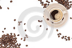 Coffee cup and Coffee beans On a white background with copys pace for your text
