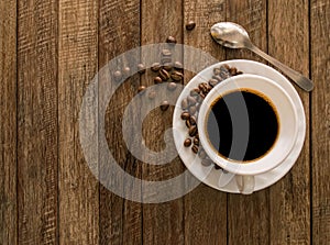 Coffee cup,coffee beans wooden.