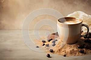 Coffee cup and coffee beans on wooden table