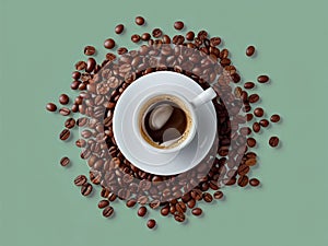 Coffee cup and coffee beans and wooden table