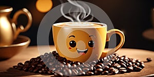 Coffee cup and coffee beans on wooden table, 3d render