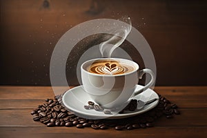 Coffee cup and coffee beans on wooden table with bokeh background. generative ai