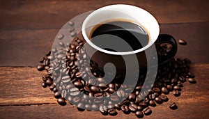 Coffee cup and coffee beans on wooden table. Close-up