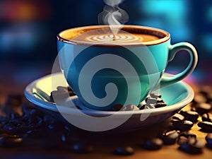 Coffee cup and coffee beans on a wooden table, close up shot. hot beverage