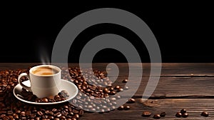 Coffee cup and coffee beans on wooden table. Coffee background