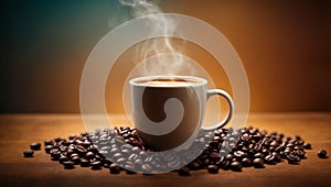 Coffee cup and coffee beans on wooden table and colorful background