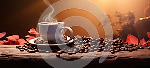 Coffee cup and coffee beans on wooden table with dark background