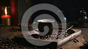 Coffee cup and coffee beans on a wooden table. Dark background. A cup of hot dark coffee with aromatic roasted coffee beans on top