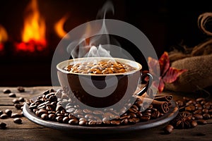 Coffee cup and coffee beans on a wooden table in front of the fireplace