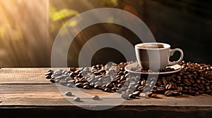 Coffee cup and coffee beans on wooden table with sunlight background