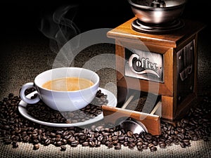 Coffee cup with coffee grinder