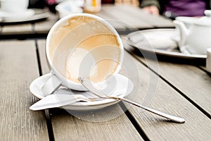 Coffee cup with coffee stains have not washed the cup placed on the wooden table