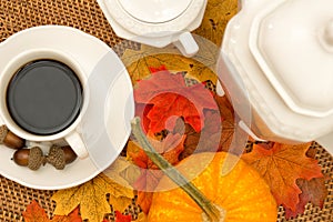 Coffee Cup, Coffee, Sugar Bowl, Decanter, Acorns, Pumpkin, and Fall Leaves III