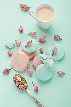 Coffee cup and colorful macaron on pastel background top view. photo