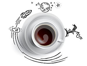 Coffee cup concept - hot coffee mug with space and science doodle infographics. Rocket, planet and Earth with coffe