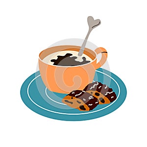 Coffee cup with cookie on saucer