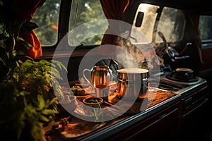 Coffee cup and cookies on table in camper car. Sunset light.