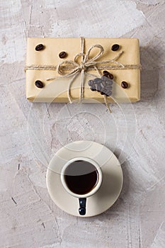 Coffee cup craft gift box coffee decoration beige concrete background