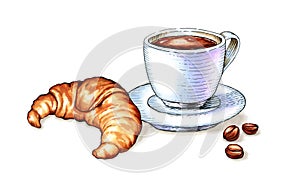 Coffee cup with croissant and coffee beans