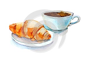 Coffee cup with croissant, watercolor illustration, isolated on white background