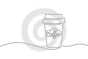 Coffee cup cup morning cafe to go. Single continuous line art. Hot drink silhouette concept design one sketch outline