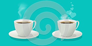 Coffee cup 3d vector icon graphic illustration isolated, hot tea mug with heart love steam on saucer, teacup isolated fresh