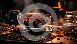 coffee cup, dark liquid, freshness, caffeine, heat, wood, gourmet, bean generated by AI