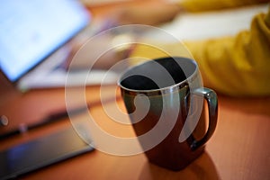 Coffee Cup On Desk College Student Studying At Night