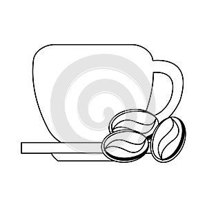 Coffee cup on dish and beans in black and white