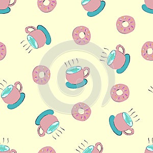 Coffee cup and donuts cute cartoon seamless pattern