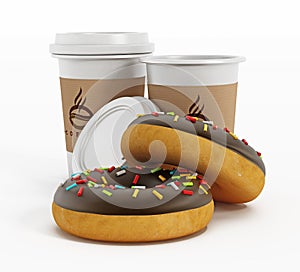 Coffee cup and donuts isolated on white background. 3D illustration