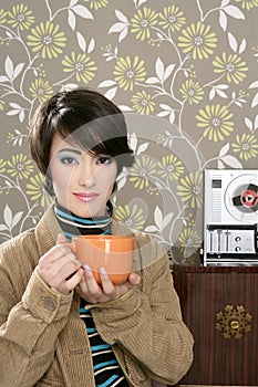 Coffee cup drinking retro fashion 60s woman