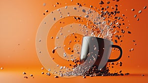 Coffee cup explosion with coffee beans on orange background