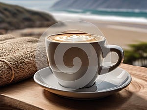 A coffee cup forming latte art overlooking a Cape Town South Africa old town near the beach