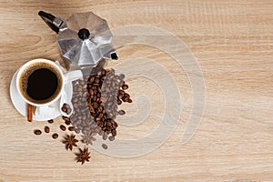 Coffee cup, geyser coffee maker, coffee beans, background