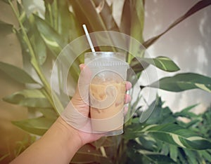 Coffee cup in hand. Clear plastic glass. Iced coffee. Tree background. Sunlight. Drink