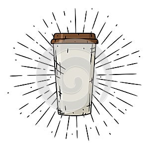 Coffee cup. Hand drawn vector illustration with coffee cup and divergent rays