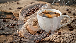 Coffee cup with heart-shaped smoke and beans on burlap sack, against old wooden backdrop. Ai Generated