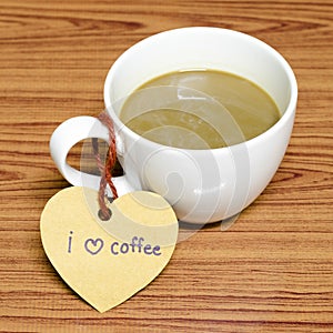 Coffee cup with heart tag write I love coffee word