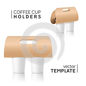 Coffee cup holder paper design. Beverage drink handle mockup. Cardboard coffee cup holder takeaway