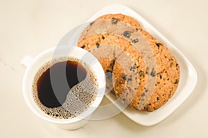 coffee cup and homemade cookies with chocolate/ Breakfast whith coffee cup and homemade cookies with chocolate, top view