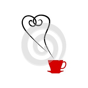 Coffee cup hot with hearts steam line icon black