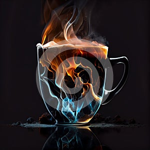 A coffee cup with ice and fire on black background.