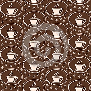 Coffee cup icon on coffee beans background seamless vector pattern